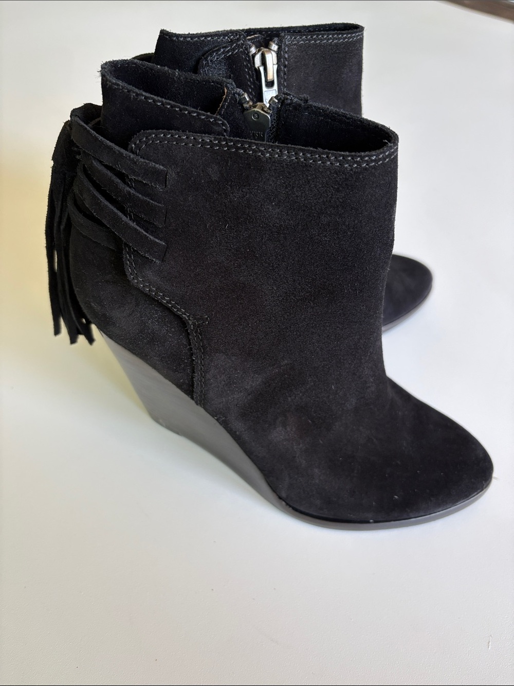 Frye Cece Tassel Lace Wedge Boots Black Suede Boho Festival Concert Size 6.5